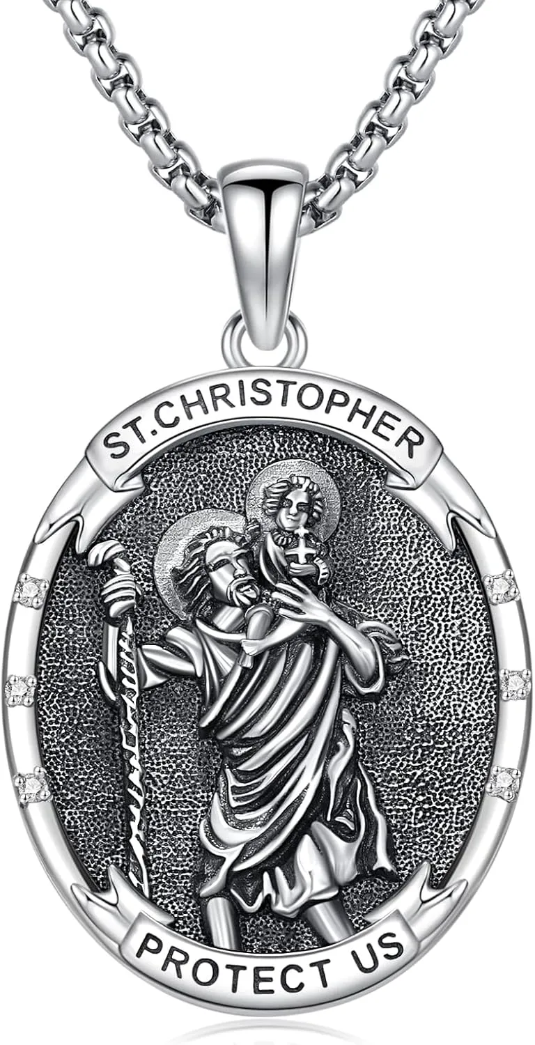 Diamond St Michael/St Jude/Virgin Mary Necklace for Men 925 Sterling Silver Religious Amulets Jewelry Gifts