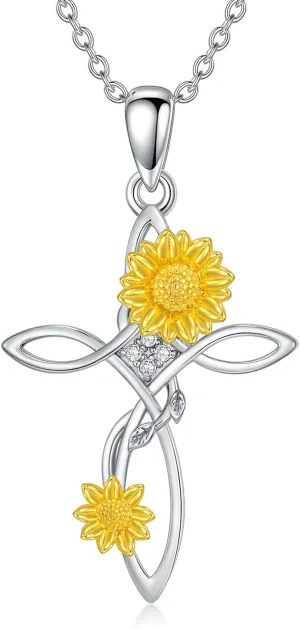Diamond Sunflower Cross for Women Sterling Silver Sunflower Cross Pendant Necklace Jewelry Gift for Women for Christmas Birthday Mother's Day Valentine's Day