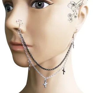 Double Nose to Ear Chain with Cross - Fake Nose Cuff with Chain Non Piercing - Black Silver Chain Earring to Nose - Valentine's day Gift