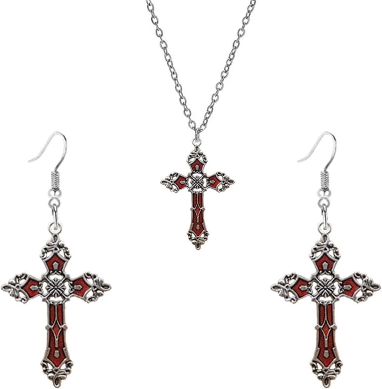Dreuyet Cross Earring Necklaces Set for Women Men Fashion Punk Gothic Cross Dangle Drop Earrings Vintage Hip Hop Style Cross Pendant Necklace Halloween Party Clothing Accessories
