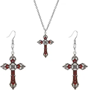Dreuyet Cross Earring Necklaces Set for Women Men Fashion Punk Gothic Cross Dangle Drop Earrings Vintage Hip Hop Style Cross Pendant Necklace Halloween Party Clothing Accessories