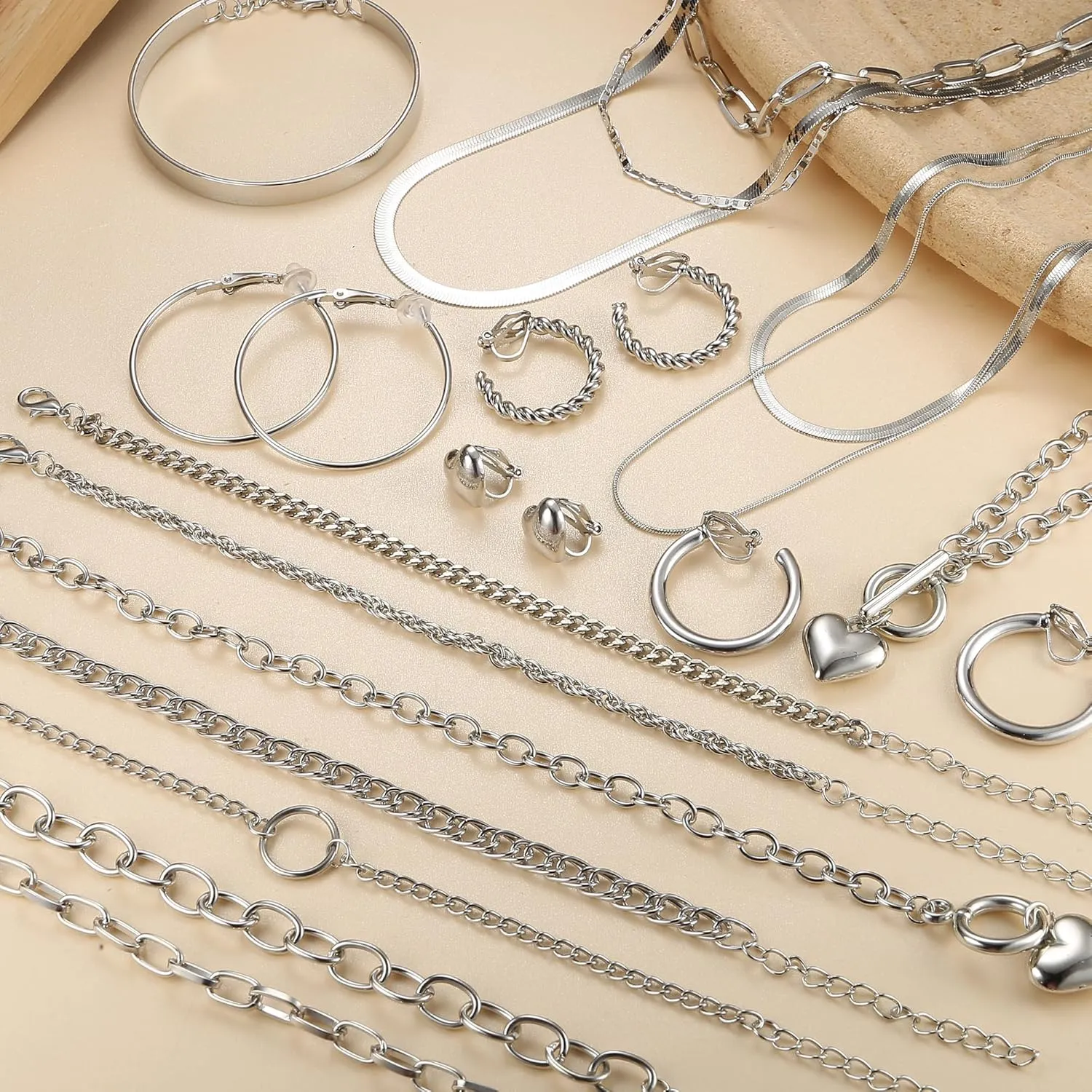 Drperfect Gold Silver Jewelry Sets for Women Trendy Heart Chain Necklace Bracelet Clip on Earrings Fashion Costume Jewelry Accessories Valentine Anniversary Christmas Birthday Gift