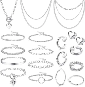 Drperfect Gold Silver Jewelry Sets for Women Trendy Heart Chain Necklace Bracelet Clip on Earrings Fashion Costume Jewelry Accessories Valentine Anniversary Christmas Birthday Gift