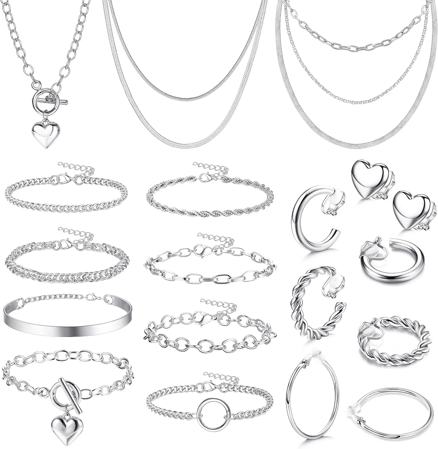 Drperfect Gold Silver Jewelry Sets for Women Trendy Heart Chain Necklace Bracelet Clip on Earrings Fashion Costume Jewelry Accessories Valentine Anniversary Christmas Birthday Gift