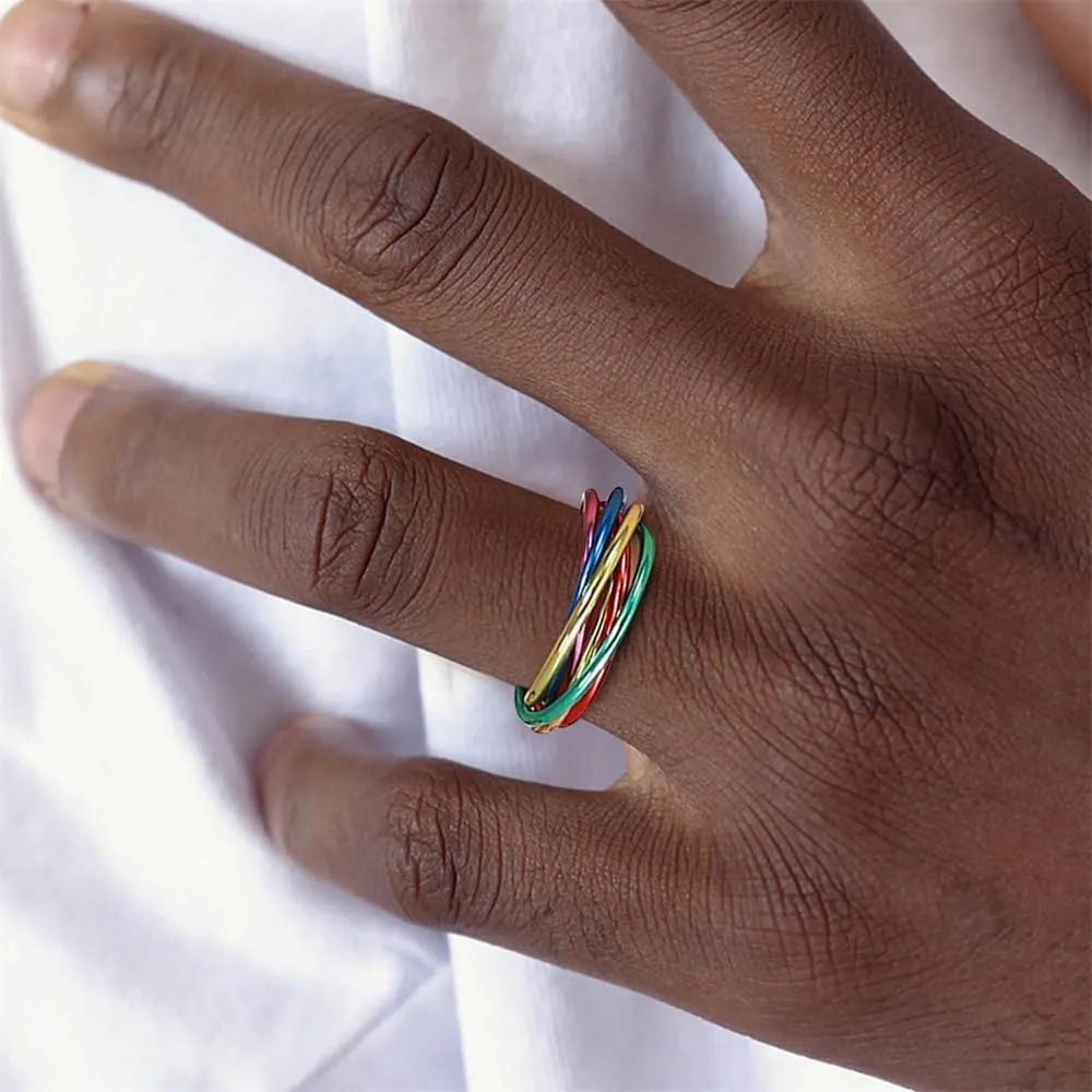 Dtja 6 Tone Interlocking Rolling Cross Ring Fashion Promise Stacking Band Rings for Women Girls LGBT Pride Colorful Surgical Stainless Steel Finger Rings Comfort Fit Engagement Wedding Jewelry Gift