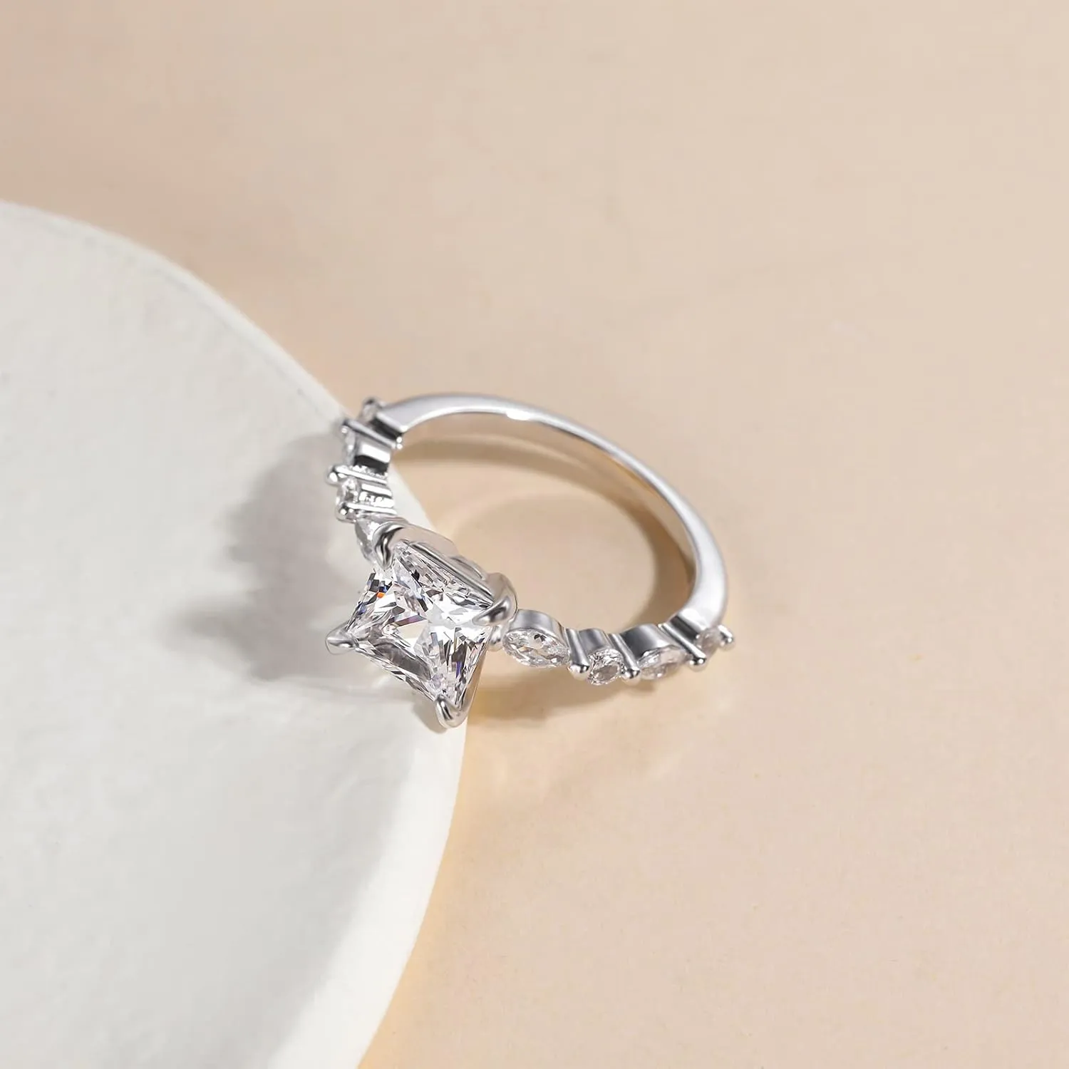 EAMTI 2CT 925 Sterling Silver Ring Princess Cut CZ Engagement Ring Marquise & Round Cubic Zirconia Wedding Band for Women Size 3-13