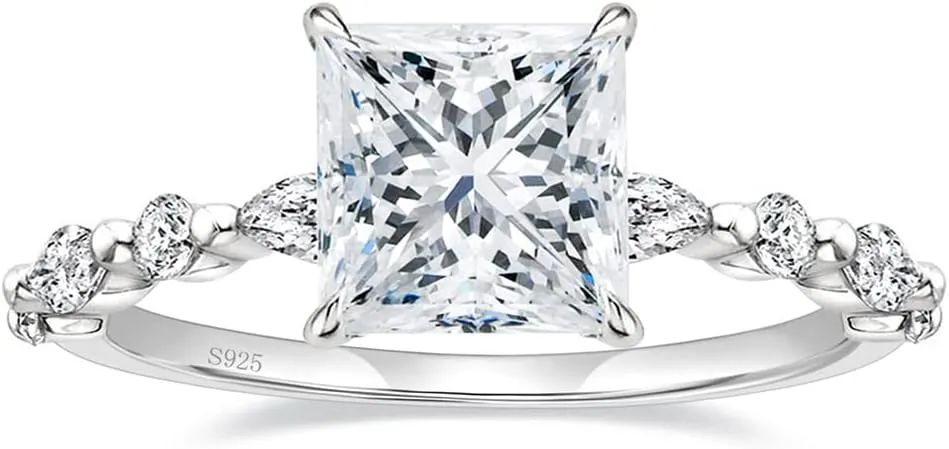 EAMTI 2CT 925 Sterling Silver Ring Princess Cut CZ Engagement Ring Marquise & Round Cubic Zirconia Wedding Band for Women Size 3-13