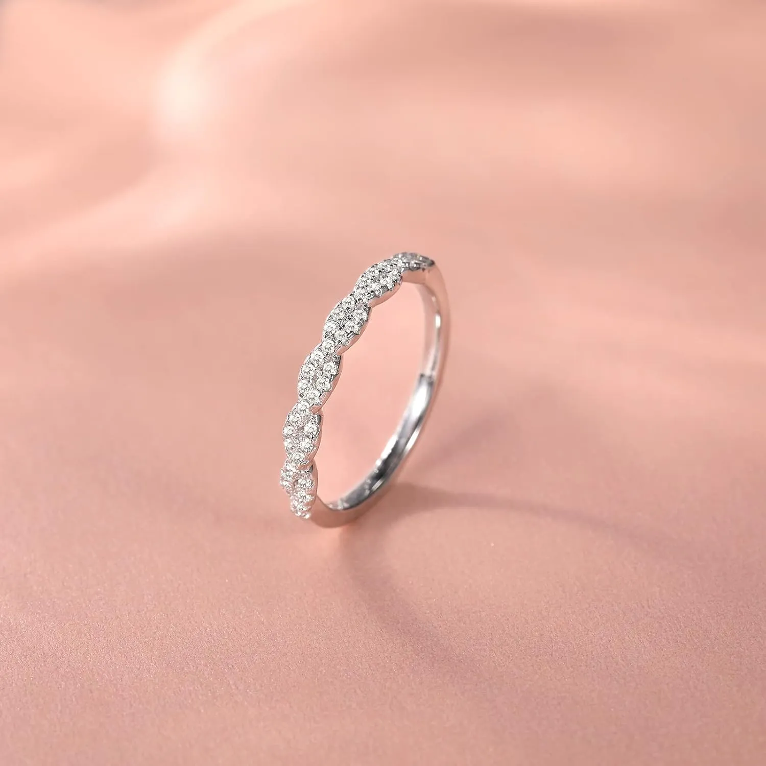 EAMTI 925 Sterling Silver Wedding Band for Women Cubic Zirconia Twisted Rope Half Eternity Band Ring Size 3-13