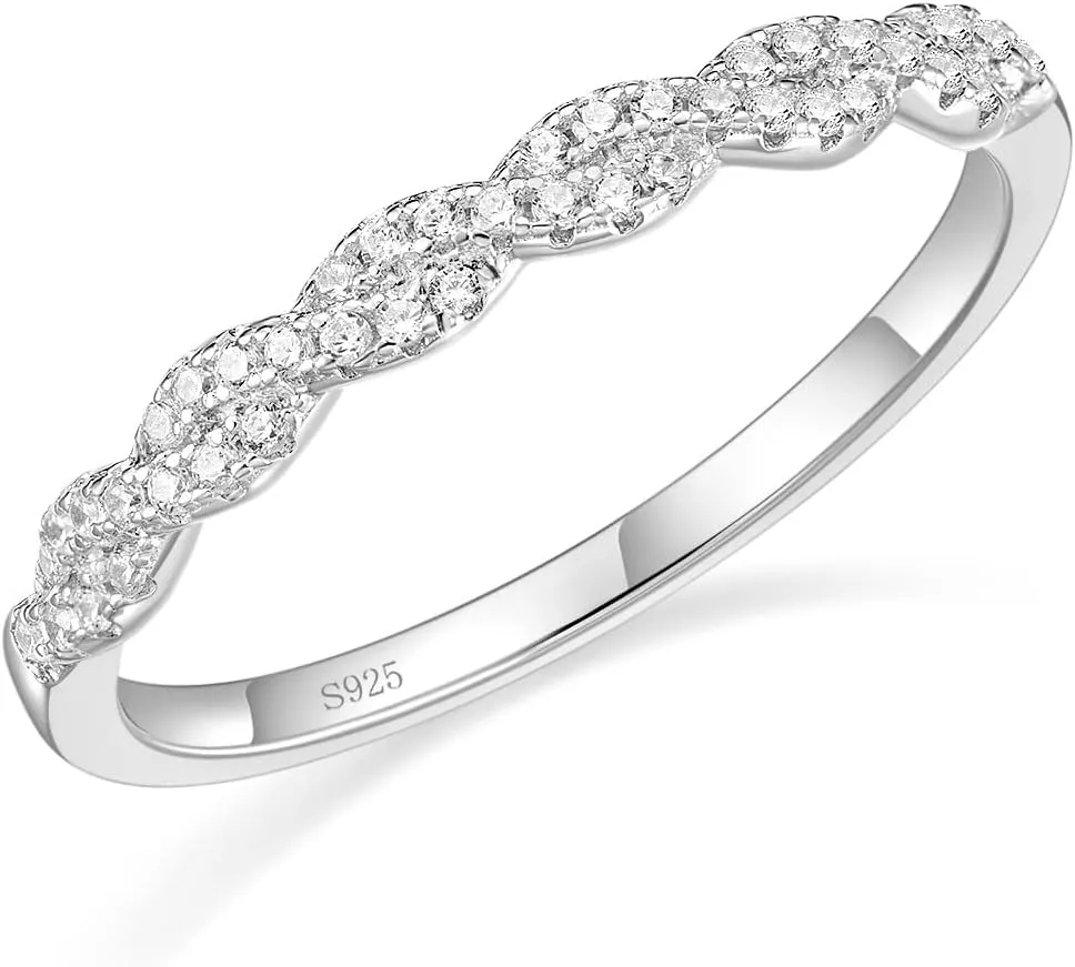 EAMTI 925 Sterling Silver Wedding Band for Women Cubic Zirconia Twisted Rope Half Eternity Band Ring Size 3-13