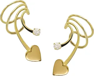 Ear Charm's Sweet Heart CZ Short Wave Ear Cuff Non-Pierced Cartilage Wrap Earrings Pair in Gold on Silver