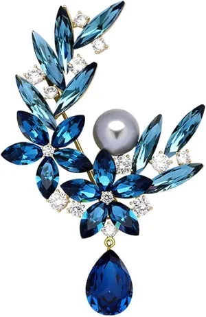 Elegant Brooch Fancy Flower Brooch Pin for Women Blue Cubic Zirconia Imitation Pearl Broach for Party Banquet