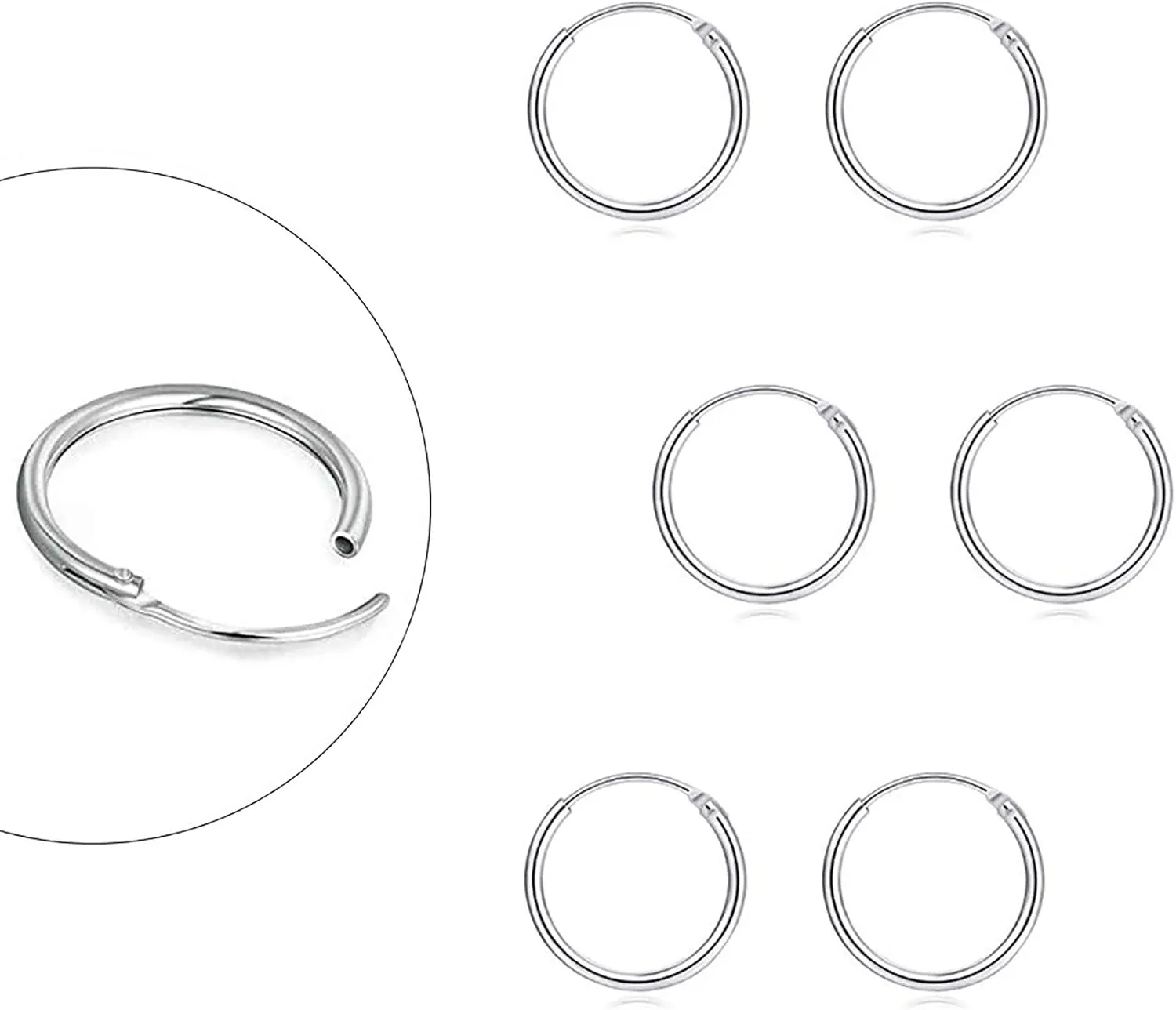 EPIRORA Sterling Silver Hoop Earrings for Women Men, Hypoallergenic Cartilage Earring Endless Small Hoop Earrings Set, 3 Pairs Tragus Earrings (8mm/10mm/12mm)