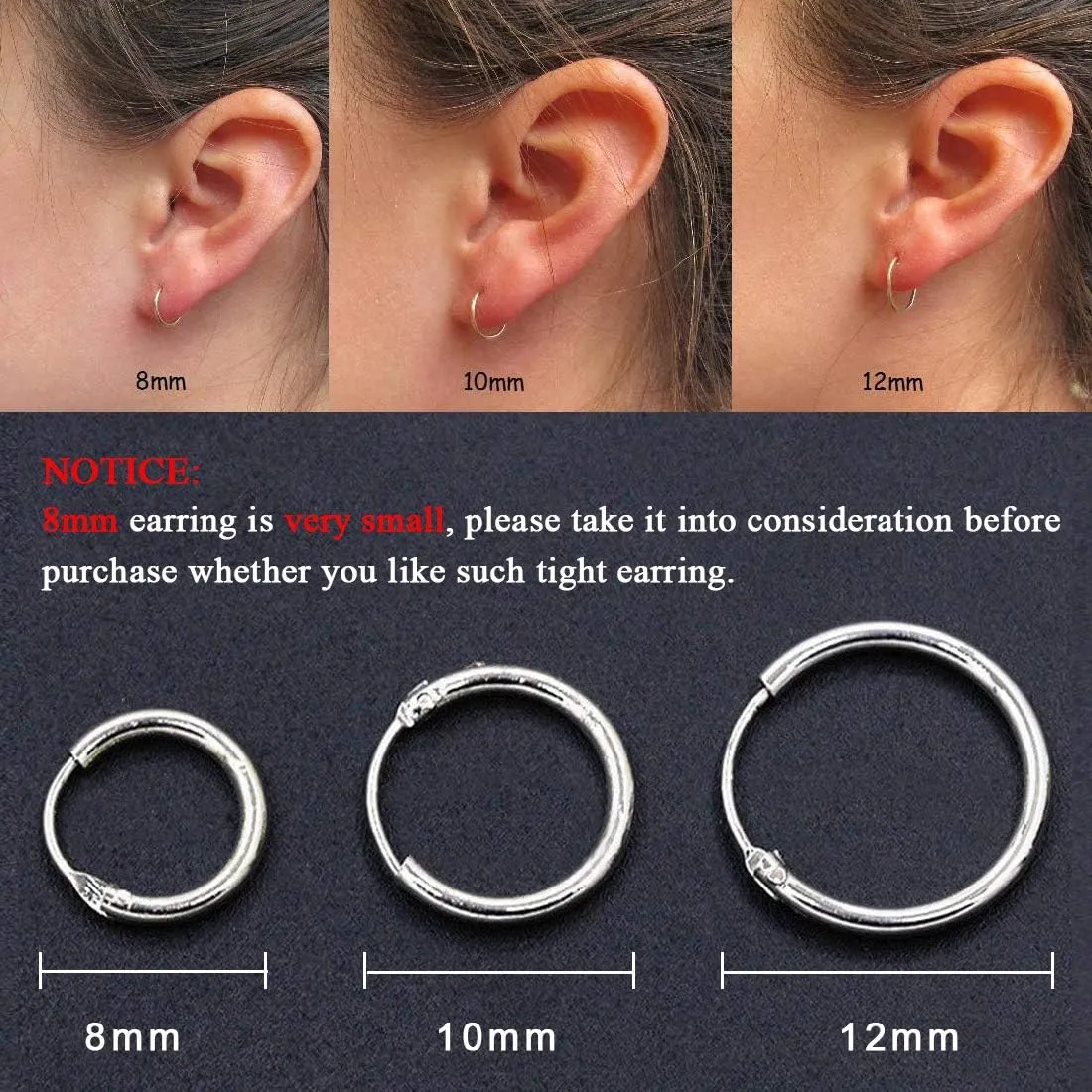 EPIRORA Sterling Silver Hoop Earrings for Women Men, Hypoallergenic Cartilage Earring Endless Small Hoop Earrings Set, 3 Pairs Tragus Earrings (8mm/10mm/12mm)