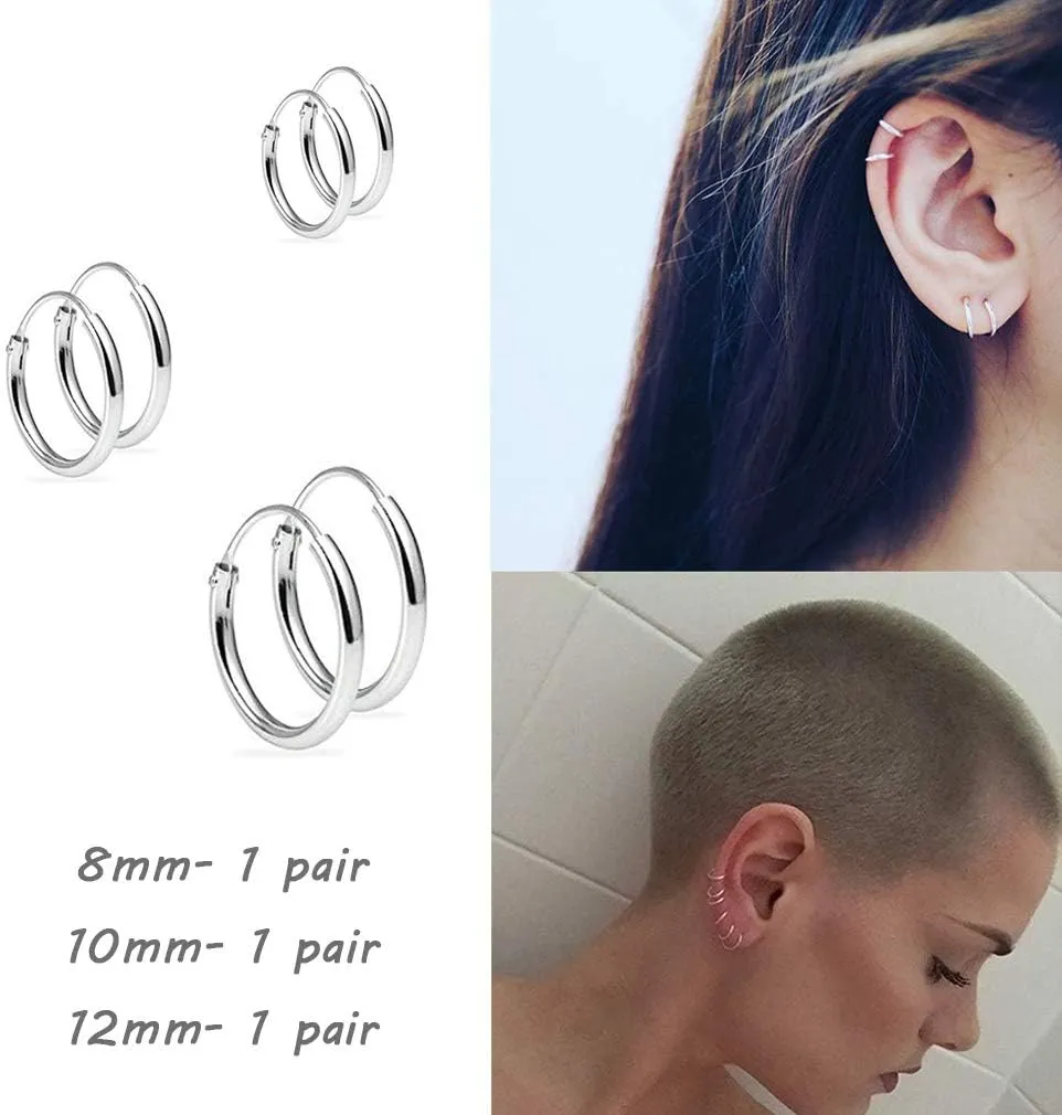 EPIRORA Sterling Silver Hoop Earrings for Women Men, Hypoallergenic Cartilage Earring Endless Small Hoop Earrings Set, 3 Pairs Tragus Earrings (8mm/10mm/12mm)