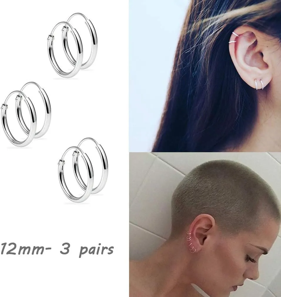 EPIRORA Sterling Silver Hoop Earrings for Women Men, Hypoallergenic Cartilage Earring Endless Small Hoop Earrings Set, 3 Pairs Tragus Earrings (8mm/10mm/12mm)