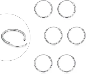 EPIRORA Sterling Silver Hoop Earrings for Women Men, Hypoallergenic Cartilage Earring Endless Small Hoop Earrings Set, 3 Pairs Tragus Earrings (8mm/10mm/12mm)