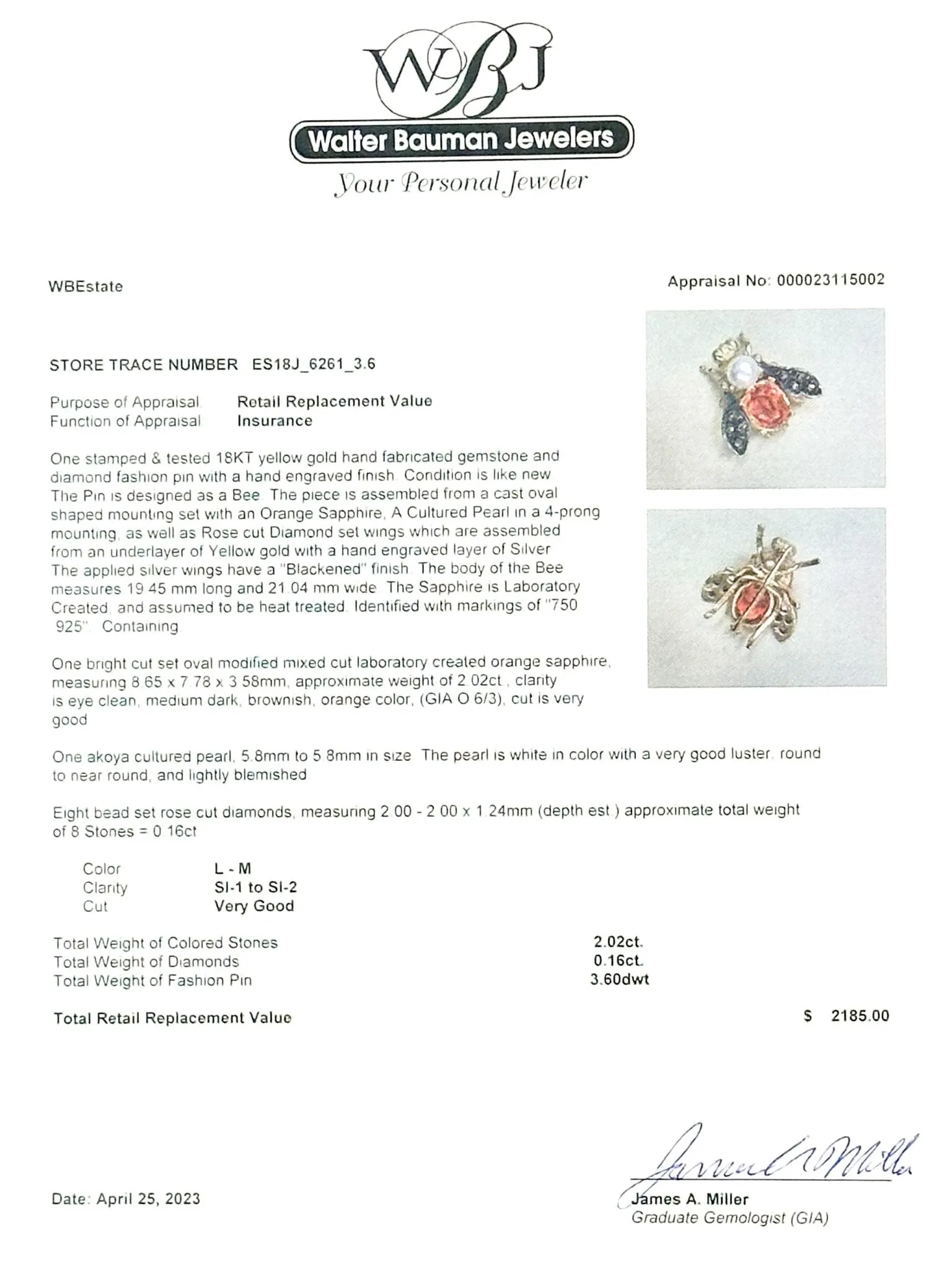 Estate 18K Y Gold 2.02ct Orange Lab-Created Sapphire, Akoya Pearl & 0.16cttw L-M/SI1-2 Diamond Bee Pin
