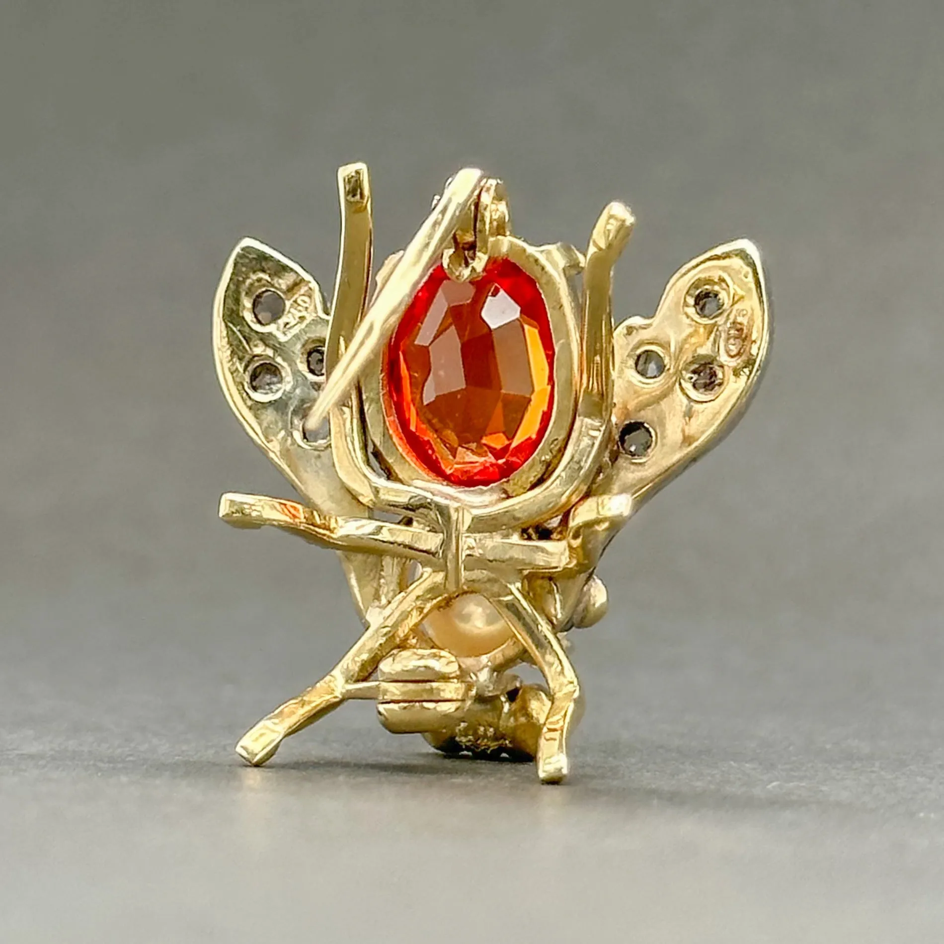 Estate 18K Y Gold 2.02ct Orange Lab-Created Sapphire, Akoya Pearl & 0.16cttw L-M/SI1-2 Diamond Bee Pin