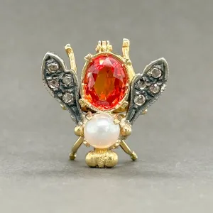 Estate 18K Y Gold 2.02ct Orange Lab-Created Sapphire, Akoya Pearl & 0.16cttw L-M/SI1-2 Diamond Bee Pin