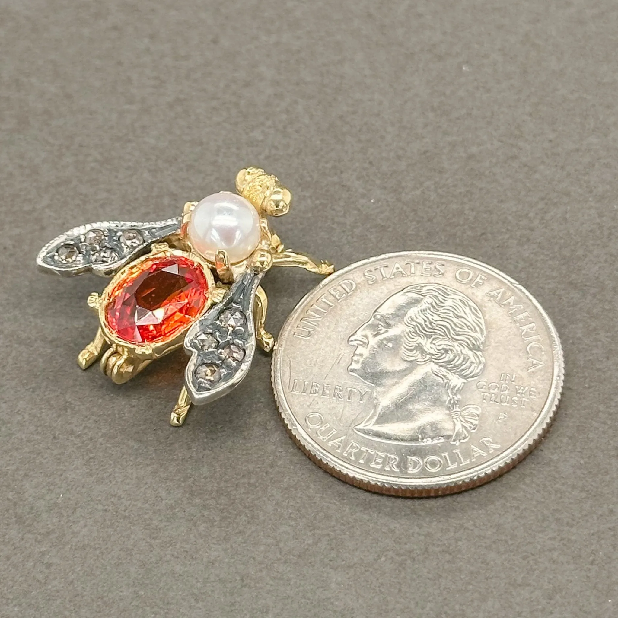 Estate 18K Y Gold 2.02ct Orange Lab-Created Sapphire, Akoya Pearl & 0.16cttw L-M/SI1-2 Diamond Bee Pin