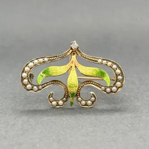 Estate Art Nouveau 10K R Gold 0.03ct I-J/SI1 Diamond & Pearl Brooch