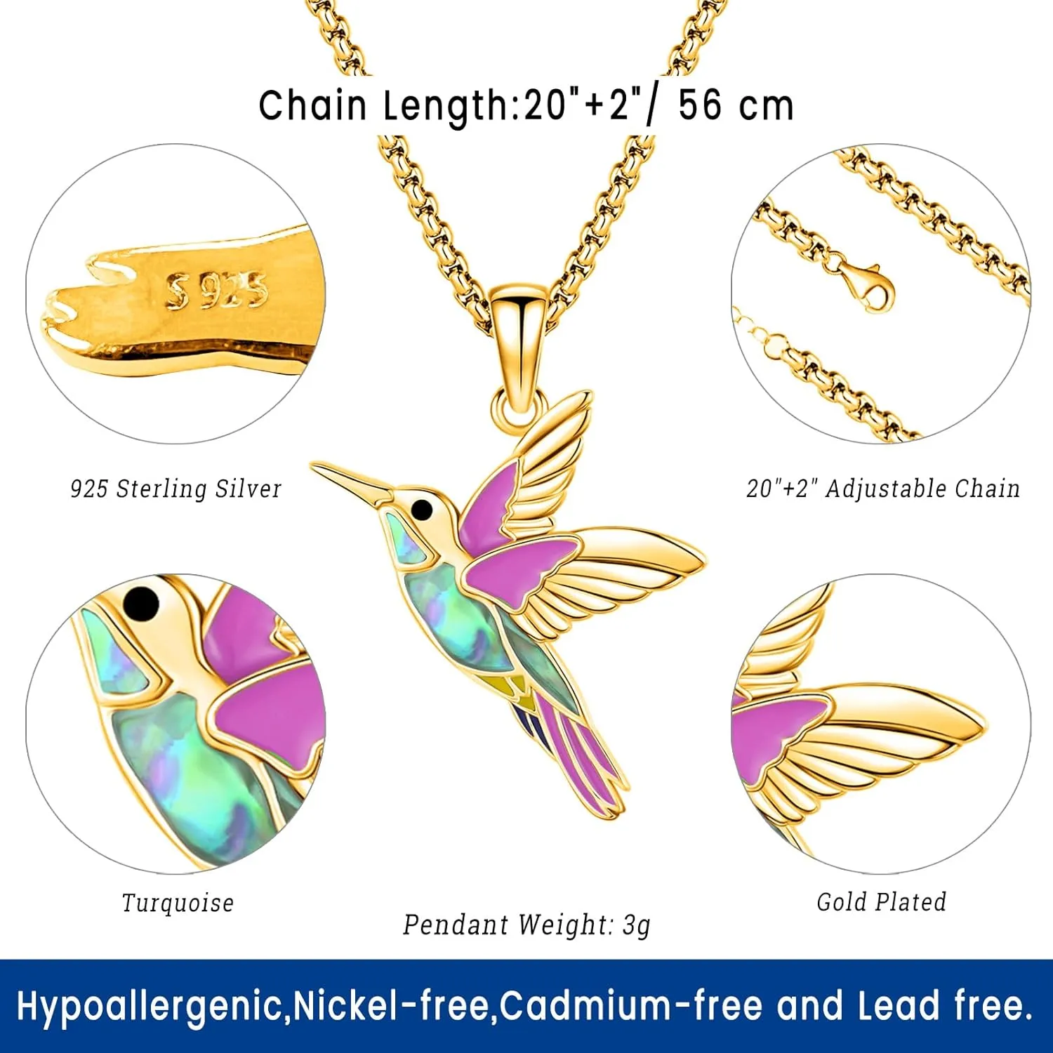 Eusense Hummingbird Necklace for Women Men 925 Sterling Silver Gold Hummingbird Pendant Hummingbird Jewelry Humming Bird Necklaces Gifts for Her Him Mom Dad Grandma Daughter