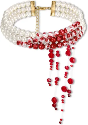 EVER FAITH Halloween Costume Jewelry Dripping Blood Imitation Pearls Choker Necklace for Women, Gothic Multi-Strand Layered Fake Pearl Collar Necklaces for Vampire Party Accessories