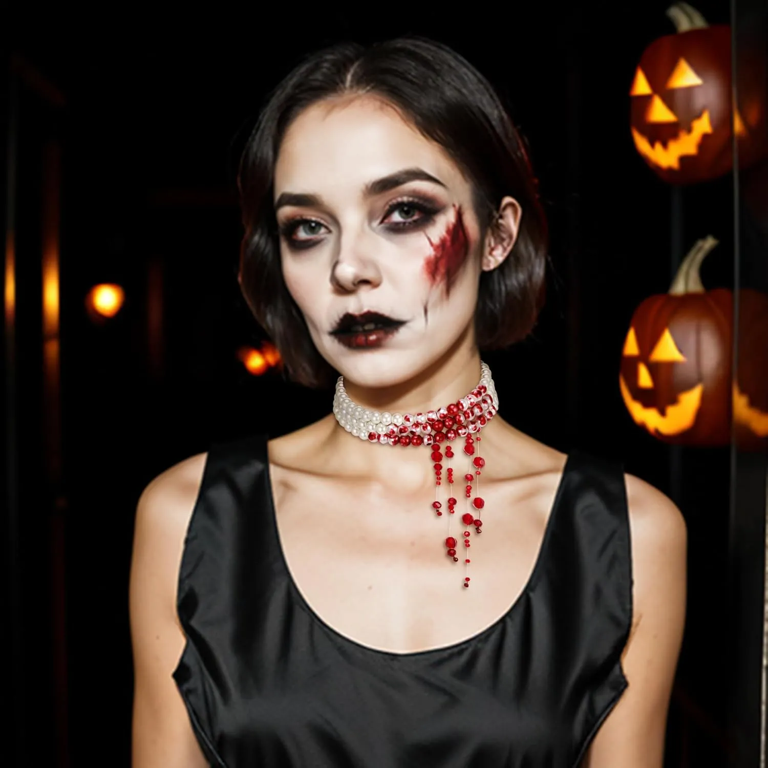 EVER FAITH Halloween Costume Jewelry Dripping Blood Imitation Pearls Choker Necklace for Women, Gothic Multi-Strand Layered Fake Pearl Collar Necklaces for Vampire Party Accessories