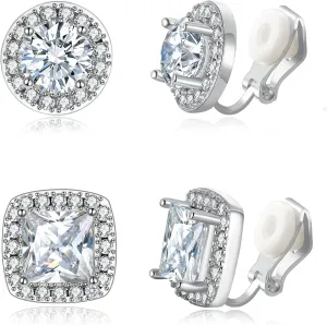 EVER FAITH Wedding Clip On Stud Earring for Women, Brilliant White Round Square Cut Cubic Zirconia Halo Earrings Set for Bride (2 Pairs)