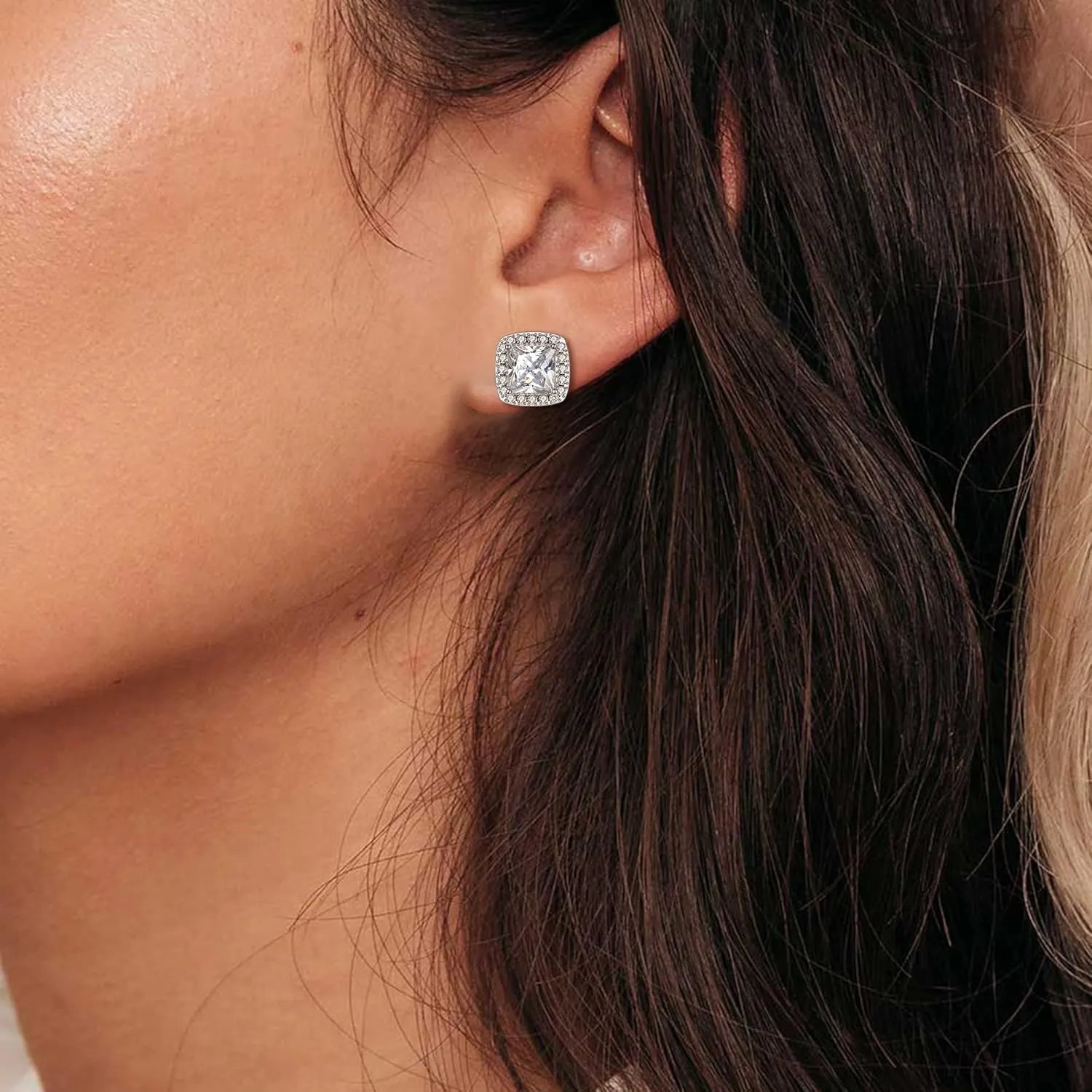 EVER FAITH Wedding Clip On Stud Earring for Women, Brilliant White Round Square Cut Cubic Zirconia Halo Earrings Set for Bride (2 Pairs)