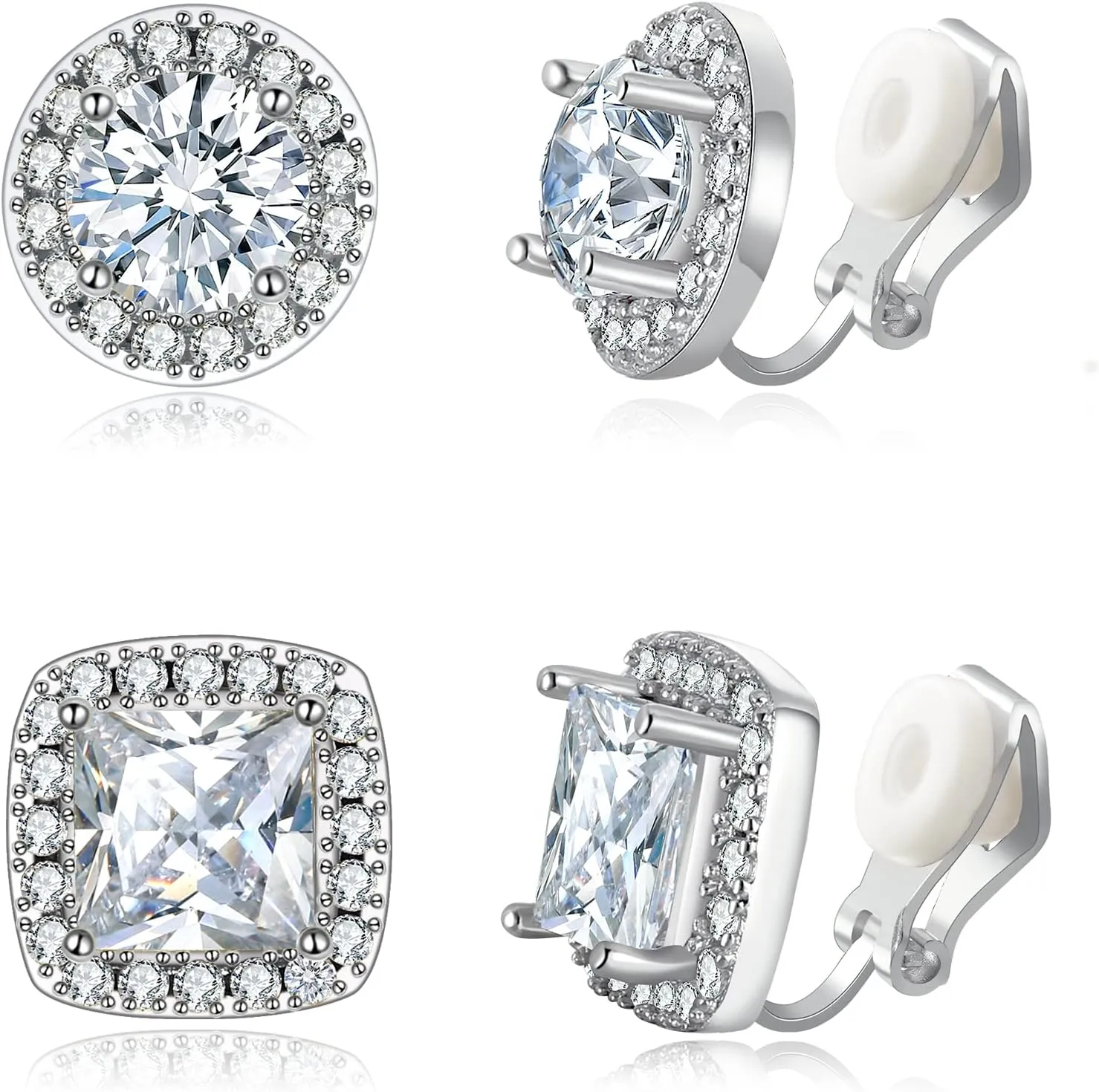 EVER FAITH Wedding Clip On Stud Earring for Women, Brilliant White Round Square Cut Cubic Zirconia Halo Earrings Set for Bride (2 Pairs)