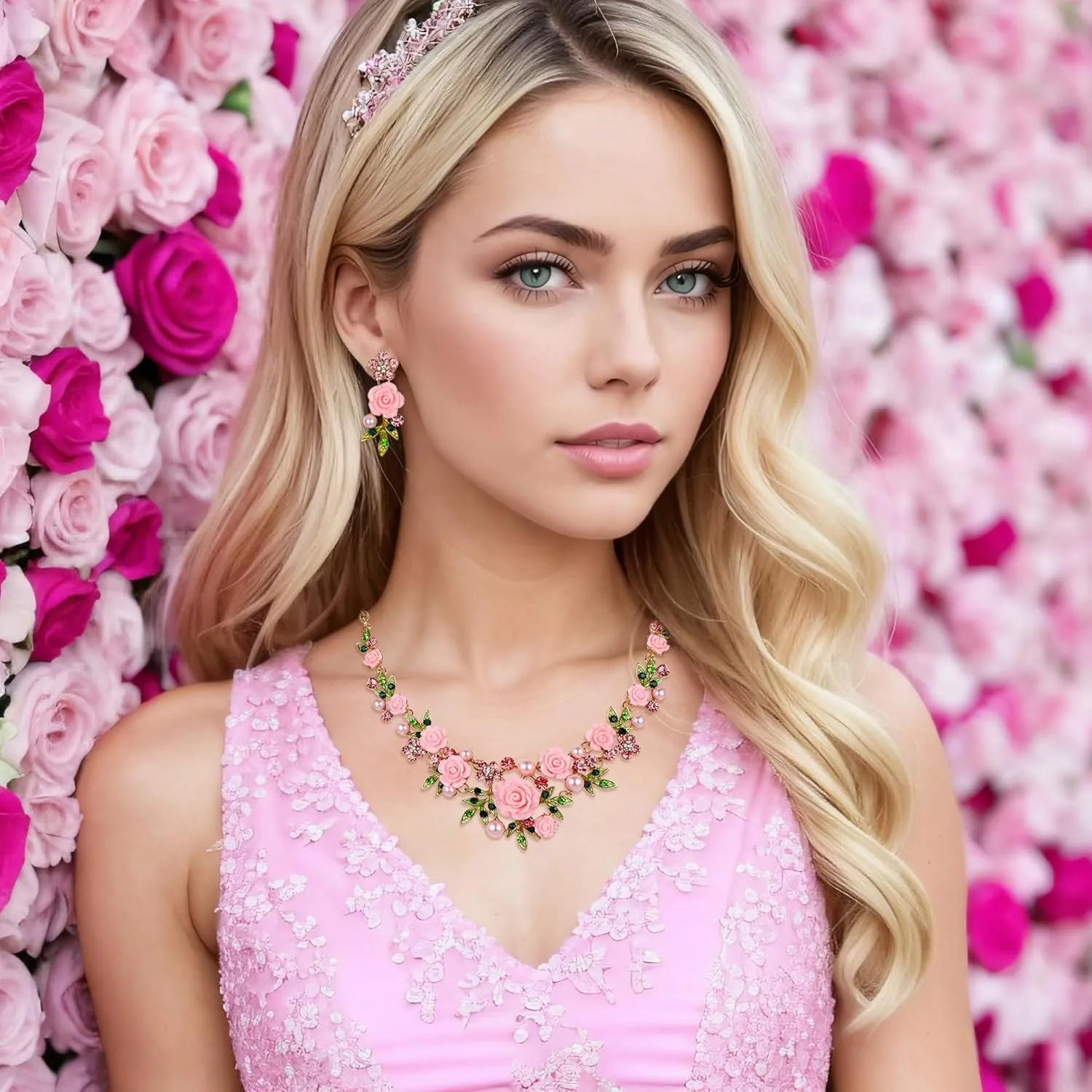 EVER FAITH Women's Austrian Crystal Simulated Pearl Rose Flower Leaf Necklace Pierced Earrings Set