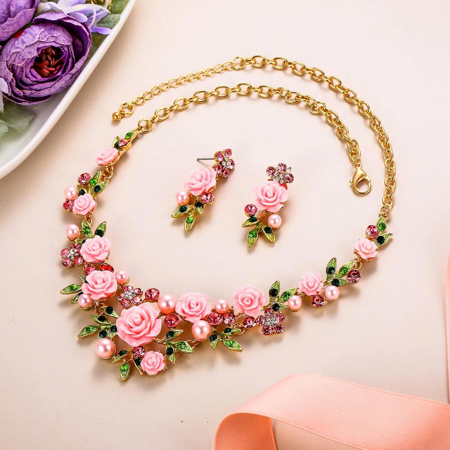 EVER FAITH Women's Austrian Crystal Simulated Pearl Rose Flower Leaf Necklace Pierced Earrings Set