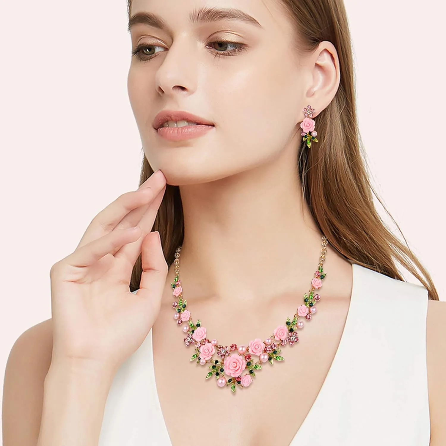 EVER FAITH Women's Austrian Crystal Simulated Pearl Rose Flower Leaf Necklace Pierced Earrings Set