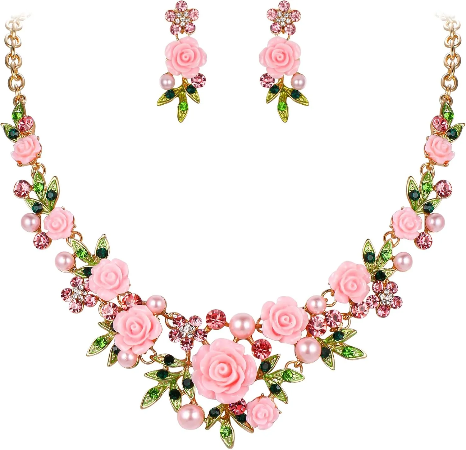 EVER FAITH Women's Austrian Crystal Simulated Pearl Rose Flower Leaf Necklace Pierced Earrings Set