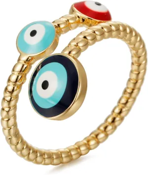Evil Eye Ring for Women, Gold Plated Colorful Cubic Zirconia Turkish Faith Protection for Women