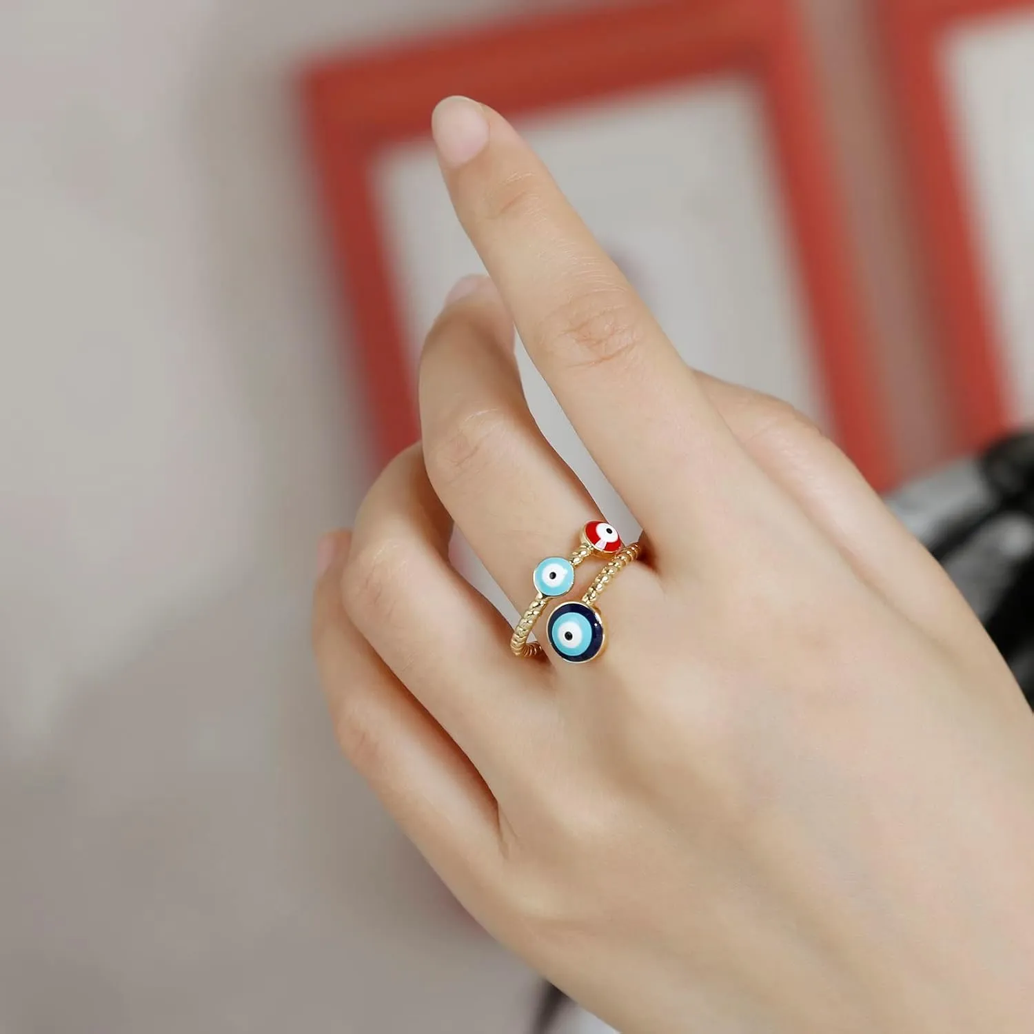 Evil Eye Ring for Women, Gold Plated Colorful Cubic Zirconia Turkish Faith Protection for Women
