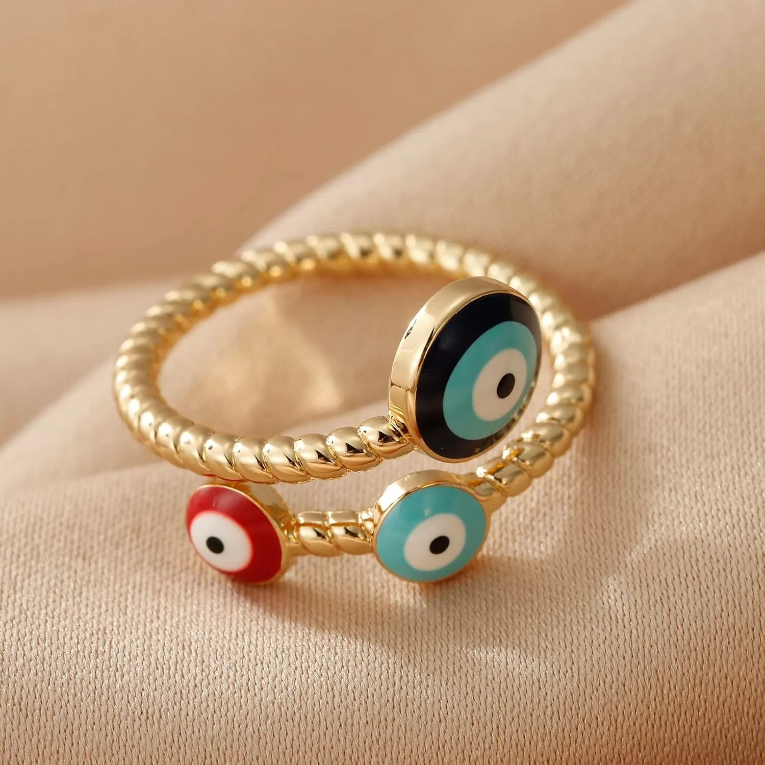 Evil Eye Ring for Women, Gold Plated Colorful Cubic Zirconia Turkish Faith Protection for Women