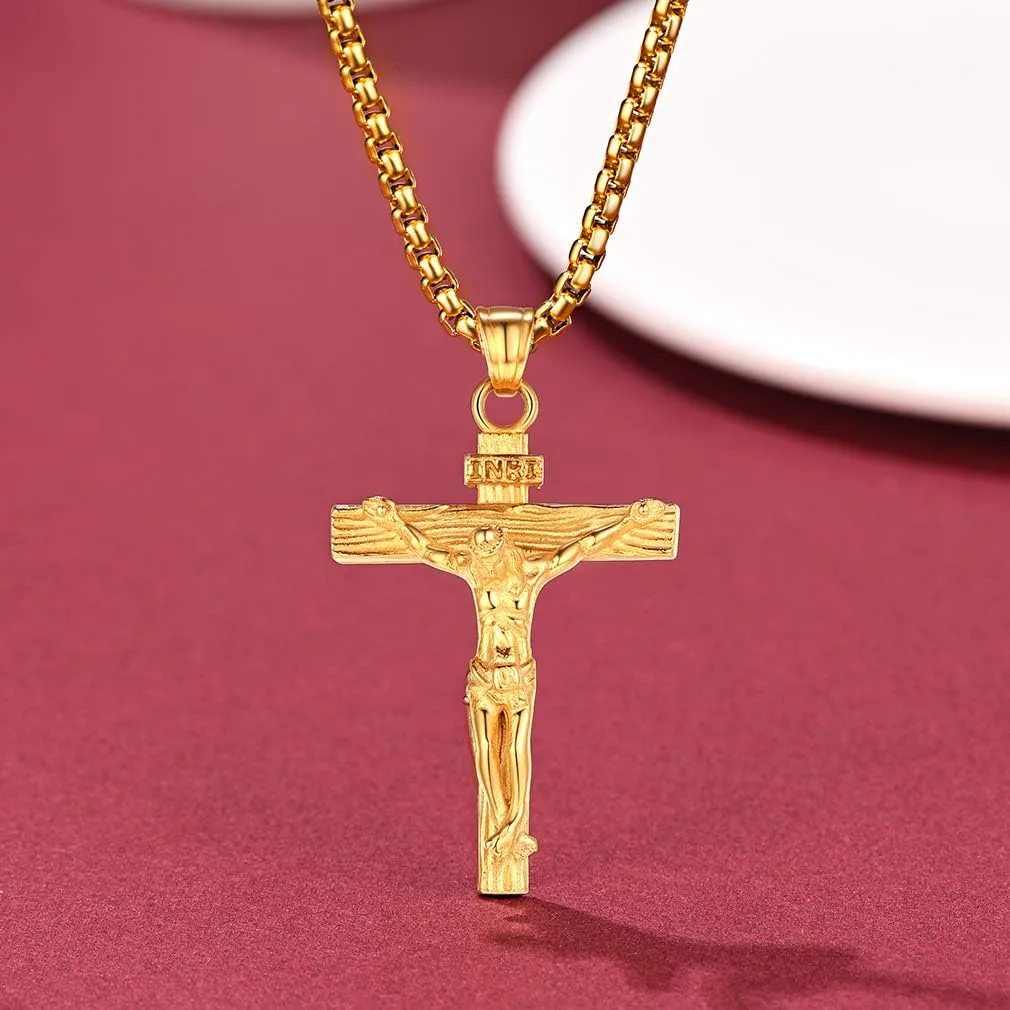 FaithHeart Cross Necklace for Men, Silver/Black/Gold Cuban Link Chain Crucifix Necklace Stainless Steel Mens Cross Pendant Necklaces 18-24 Inch Religious Jewelry Gift