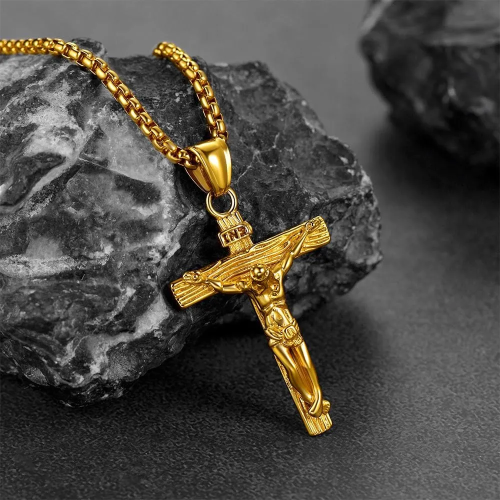 FaithHeart Cross Necklace for Men, Silver/Black/Gold Cuban Link Chain Crucifix Necklace Stainless Steel Mens Cross Pendant Necklaces 18-24 Inch Religious Jewelry Gift