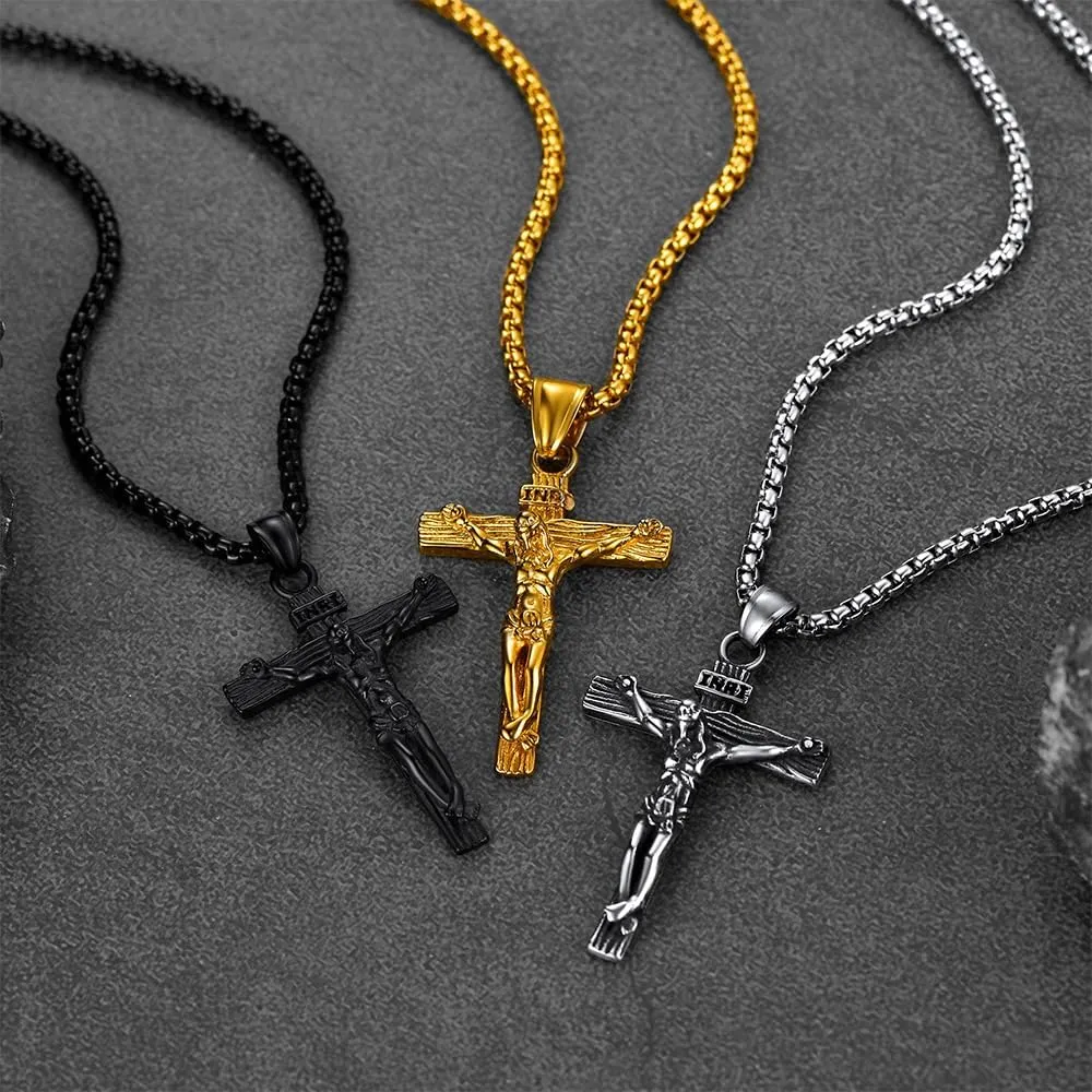 FaithHeart Cross Necklace for Men, Silver/Black/Gold Cuban Link Chain Crucifix Necklace Stainless Steel Mens Cross Pendant Necklaces 18-24 Inch Religious Jewelry Gift
