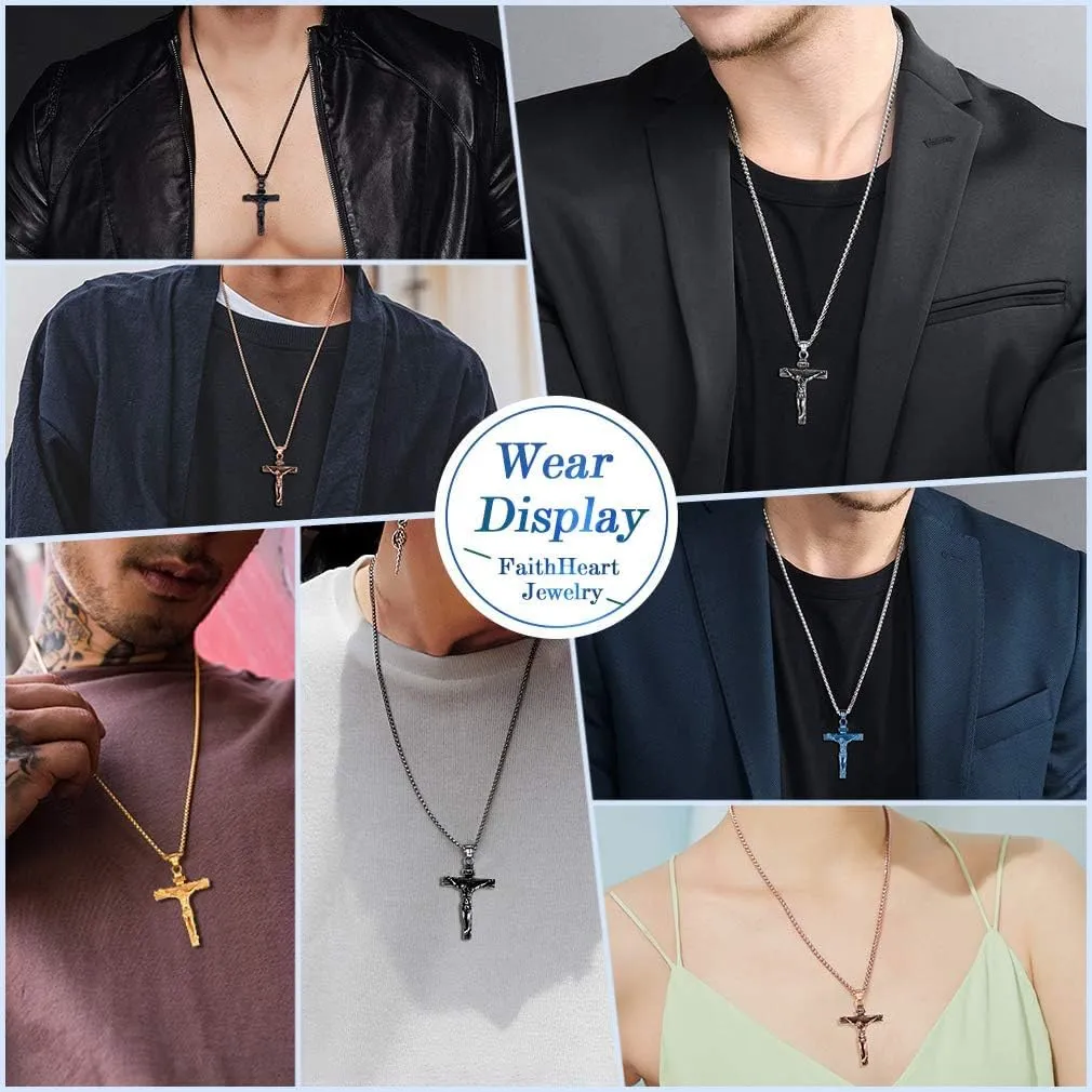 FaithHeart Cross Necklace for Men, Silver/Black/Gold Cuban Link Chain Crucifix Necklace Stainless Steel Mens Cross Pendant Necklaces 18-24 Inch Religious Jewelry Gift