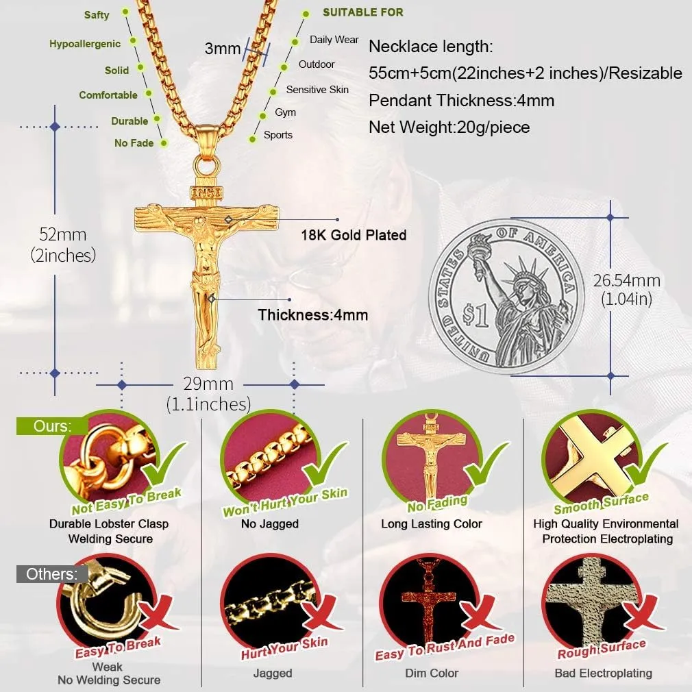 FaithHeart Cross Necklace for Men, Silver/Black/Gold Cuban Link Chain Crucifix Necklace Stainless Steel Mens Cross Pendant Necklaces 18-24 Inch Religious Jewelry Gift