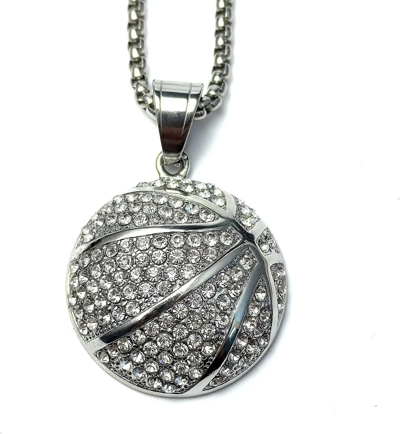Fanshu Stainless Steel Basketball Pendant Necklace, Iced Out Bling Hip Hop Sports Titanium 3D Basketball Charm Collar Chains Necklace for Men Women Rappers Couple Friends Athletes Fans Gift Fashion Jewelry