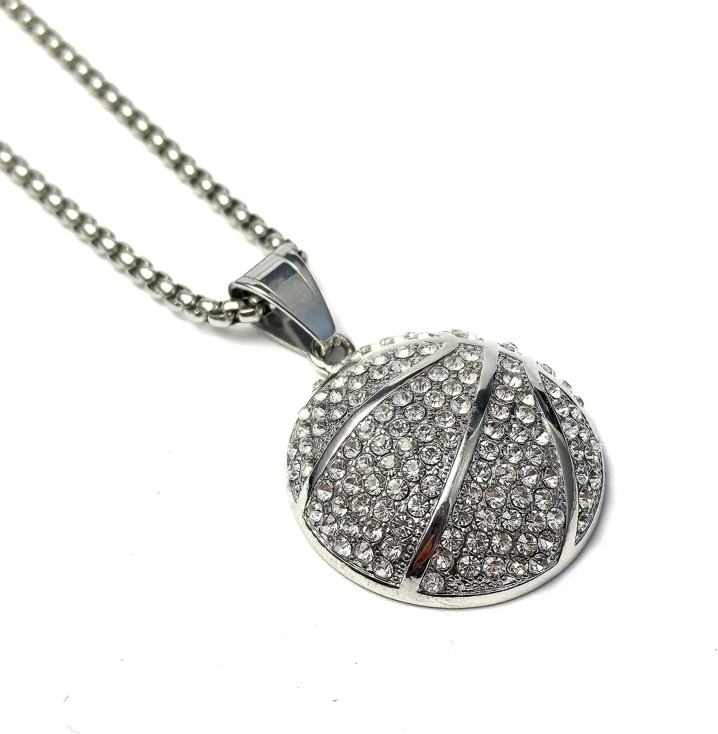 Fanshu Stainless Steel Basketball Pendant Necklace, Iced Out Bling Hip Hop Sports Titanium 3D Basketball Charm Collar Chains Necklace for Men Women Rappers Couple Friends Athletes Fans Gift Fashion Jewelry