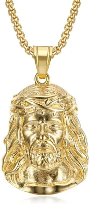 Fanshu Stainless Steel Jesus Charm Pendant Gold Human Face of Christ God Hip Hop Collar Chains Necklace for Men Women Couple Friends Christians Gift Fashion Jewelry