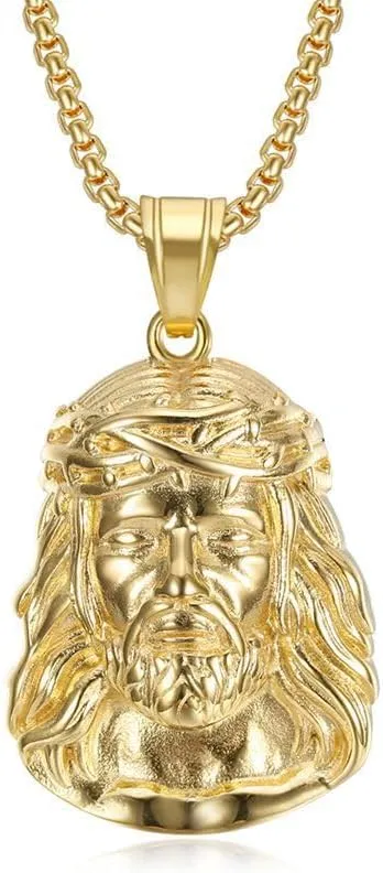 Fanshu Stainless Steel Jesus Charm Pendant Gold Human Face of Christ God Hip Hop Collar Chains Necklace for Men Women Couple Friends Christians Gift Fashion Jewelry