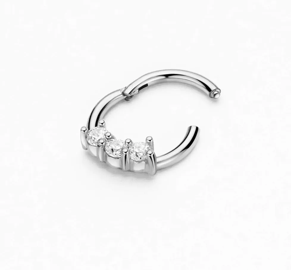 FANSING 316L Surgical Steel 3 Zircons Beaded Piercing Rings for Septum Daith