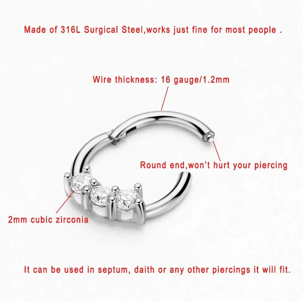 FANSING 316L Surgical Steel 3 Zircons Beaded Piercing Rings for Septum Daith