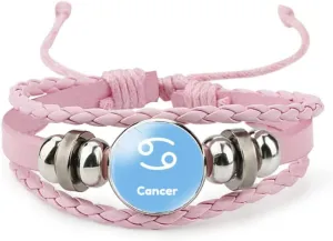 Fashion 12 Zodiac Sign Glow In The Dark Bracelet Adjustable Bangle For Women Men Glass Constellations Charm Pink Leather Rope Chains Fashion Jewelry